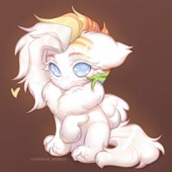 Size: 2300x2300 | Tagged: safe, artist:avroras_world, part of a set, oc, oc only, pegasus, pony, brown background, chest fluff, commission, cute, floppy ears, heart, looking up, multicolored hair, ocbetes, rainbow hair, simple background, sitting, solo, unshorn fetlocks, ych result