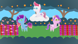 Size: 1920x1080 | Tagged: safe, artist:carrotorangelight, misty brightdawn, pipp petals, zipp storm, pony, g5, cloud, female, flower, flower bed, forest, nature, phone, pointy ponies, rose, royal sisters (g5), siblings, sisters, smiling, tree, trio, trio female
