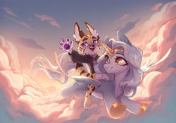Size: 1200x837 | Tagged: safe, artist:avroras_world, oc, oc only, alicorn, cat, pony, anthro, digitigrade anthro, alicorn oc, chest fluff, circlet, clothes, cloud, commission, duo, female, flying, grin, hoodie, hoof shoes, horn, mare, non-pony oc, paw pads, paws, riding, smiling, spread wings, wings