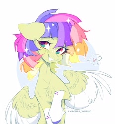 Size: 2700x2900 | Tagged: safe, artist:avroras_world, oc, oc only, pegasus, pony, big ears, bust, clothes, colored wings, colored wingtips, female, floppy ears, grin, heart, looking at you, mare, multicolored hair, pictogram, question mark, rainbow hair, signature, simple background, smiling, smiling at you, socks, solo, sparkly mane, speech bubble, spread wings, white background, wings