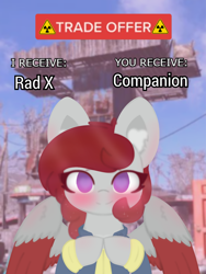 Size: 4096x5461 | Tagged: safe, artist:sodapop sprays, oc, oc only, oc:skyfire lumia, pegasus, pony, fallout equestria, blushing, clothes, commission, ear fluff, fallout, fallout 4, fingers together, jumpsuit, looking at you, meme, settlement, solo, trade offer, trade offer meme, vault suit, ych result, your character here