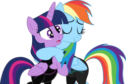 Size: 1446x968 | Tagged: safe, artist:stephen-fisher, rainbow dash, twilight sparkle, alicorn, pegasus, pony, amending fences, g4, bipedal, clothes, duo, duo female, female, hug, lesbian, ship:twidash, shipping, simple background, swimsuit, transparent background, twilight sparkle (alicorn), vector, wetsuit