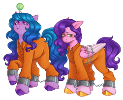 Size: 1231x1000 | Tagged: safe, artist:kazmuun, izzy moonbow, pipp petals, pegasus, pony, unicorn, g5, ball, bound wings, chained, chains, clothes, commissioner:rainbowdash69, cuffed, cuffs, duo, duo female, female, horn, hornball, izzy's tennis ball, jumpsuit, mare, never doubt rainbowdash69's involvement, prison outfit, prisoner, prisoner im, prisoner pipp, sad, shackles, shirt, simple background, tennis ball, transparent background, undershirt, wings