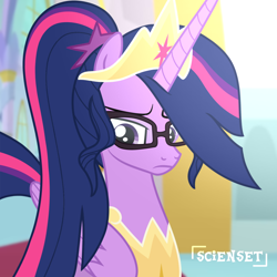 Size: 1280x1280 | Tagged: safe, artist:scienset, edit, edited screencap, screencap, sci-twi, twilight sparkle, alicorn, pony, g4, alicornified, bust, crown, female, glasses, jewelry, mare, peytral, race swap, regalia, sci-twilicorn, solo, twilight sparkle (alicorn)