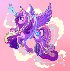 Size: 3981x4034 | Tagged: safe, artist:bratzoid, princess cadance, alicorn, pony, g4, absurd resolution, concave belly, female, floating heart, flying, glowing, glowing horn, gradient background, heart, heart eyes, horn, looking up, magic, mare, profile, redraw, solo, spread wings, wingding eyes, wings