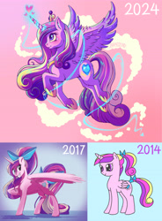 Size: 4375x5954 | Tagged: safe, artist:bratzoid, princess cadance, alicorn, pony, g4, 2014, 2017, 2024, absurd resolution, art progress, comparison, concave belly, female, filly, floating heart, flying, foal, glowing, glowing horn, grin, heart, heart eyes, horn, looking up, magic, mare, profile, smiling, solo, spread wings, style comparison, teen princess cadance, wingding eyes, wings