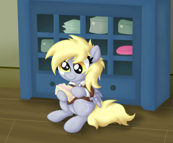 Size: 3403x2820 | Tagged: safe, artist:background basset, derpy hooves, pegasus, pony, g4, box, clothes, cute, derpabetes, female, folded wings, hoof hold, indoors, looking at something, mail, mailmare, mailmare uniform, mare, sitting, smiling, solo, uniform, wings, wooden floor