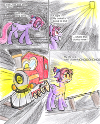 Size: 1127x1400 | Tagged: safe, artist:fleximusprime, oc, oc only, earth pony, pony, atg 2024, dialogue, earth pony oc, frown, implied death, looking at something, looking down, meme, newbie artist training grounds, onomatopoeia, smiling, solo, sound effects, this will end in death, this will end in pain, this will end in tears, this will end in tears and/or death, traditional art, train, train tracks, trollface, walking