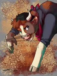 Size: 1662x2217 | Tagged: safe, artist:wheatart, arizona (tfh), cow, human, them's fightin' herds, bandana, clothes, community related, fingers fusing, heterochromia, hoodie, human to cow, male to female, mid-transformation, transformation, transforming clothes, transgender transformation