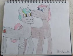 Size: 3355x2604 | Tagged: safe, artist:blackblade360, oc, oc only, oc:heartbeat, oc:stone wave, earth pony, pony, unicorn, 2024, atg 2024, bandage, biting, blue eyes, blushing, brown coat, colored pencil drawing, cyan mane, cyan tail, duo, duo male and female, ear bite, earth pony oc, female, gray coat, horn, irl, love, male, mare, mare oc, newbie artist training grounds, nibbling, oc x oc, paper, photo, red mane, red tail, shipping, signature, stallion, stallion oc, tail, traditional art, two toned mane, unicorn oc, yellow eyes, yellow streaks