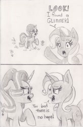 Size: 1310x2000 | Tagged: safe, artist:nedemai, starlight glimmer, trixie, pony, unicorn, g4, 2 panel comic, atg 2024, comic, duo, duo female, female, grayscale, horn, mare, monochrome, name pun, newbie artist training grounds, pencil drawing, pointing, traditional art