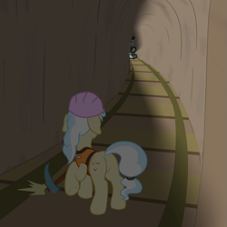 Size: 1919x1919 | Tagged: safe, artist:nitei, ambrosia, cindy block, earth pony, pony, g4, atg 2024, butt, clothes, dropping, female, floppy ears, hard hat, hat, imminent death, light, mare, newbie artist training grounds, pickaxe, plot, raised hoof, solo, this will end in death, train, train tracks, tunnel, vest