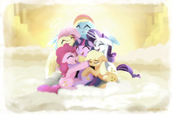 Size: 2400x1600 | Tagged: safe, artist:darksly, applejack, fluttershy, pinkie pie, rainbow dash, rarity, twilight sparkle, angel, angel pony, earth pony, original species, pegasus, pony, unicorn, g4, atg 2024, cloud, crying, eyes closed, female, group hug, halo, heaven, horn, hug, immortality blues no more, mane six, mare, newbie artist training grounds, on a cloud, open mouth, open smile, sitting, sitting on a cloud, smiling, tears of joy