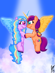Size: 1620x2160 | Tagged: safe, artist:jesslmc16, izzy moonbow, sunny starscout, alicorn, g5, alicorn izzy, alternate universe, artificial horn, artificial wings, augmented, cloud, cute, duo, duo female, female, flying, glowing, glowing horn, headcanon, horn, izzy rainbow, izzybetes, lesbian, looking at each other, looking at someone, magic, magic horn, mane stripe izzy, mane stripe sunny, mare, race swap, ship:moonscout, shipping, signature, sky, smiling, smiling at each other, spotlight, spread wings, sunnybetes, sunnycorn, wings