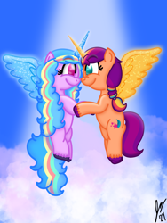 Size: 1620x2160 | Tagged: safe, artist:jesslmc16, izzy moonbow, sunny starscout, alicorn, g5, alicorn izzy, alternate universe, artificial horn, artificial wings, augmented, cloud, cute, duo, duo female, female, flying, glowing, glowing horn, headcanon, horn, izzy rainbow, izzybetes, lesbian, looking at each other, looking at someone, magic, magic horn, mane stripe sunny, mare, race swap, ship:moonscout, shipping, signature, sky, smiling, smiling at each other, spotlight, spread wings, sunnybetes, sunnycorn, wings