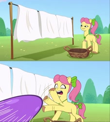 Size: 1500x1660 | Tagged: safe, edit, edited screencap, screencap, posey bloom, g5, my little pony: tell your tale, sunny's smoothie moves, basket, clothes line, comic, meme template, posey can't catch a break, screencap comic, solo