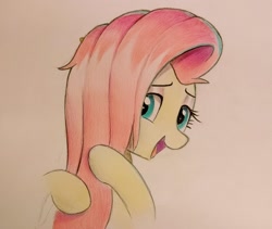 Size: 2397x2027 | Tagged: safe, anonymous artist, fluttershy, pegasus, pony, g4, colored pencil drawing, cute, female, mare, messy, open mouth, open smile, shyabetes, smiling, solo, traditional art