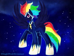 Size: 2048x1536 | Tagged: safe, artist:asinglepetal, rainbow dash, zapp, pegasus, pony, g4, female, night, night sky, nightmare rainbow dash, nightmarified, power ponies, procreate app, sky, solo, watermark