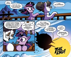 Size: 1012x812 | Tagged: safe, artist:andy price, idw, official comic, raven, twilight sparkle, alicorn, pony, unicorn, g4, spoiler:comic, spoiler:comic62, airship, flying, horn, mountain, sky, twilight sparkle (alicorn)