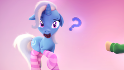 Size: 1476x830 | Tagged: safe, artist:nikosourcepone, trixie, pony, unicorn, g4, 3d, clothes, cute, diatrixes, female, floppy ears, gradient background, horn, looking at you, mare, mouth hold, offscreen character, palindrome get, pinecone, pointing, question mark, raised hoof, socks, solo focus, source filmmaker, striped socks, trixie eating pinecones
