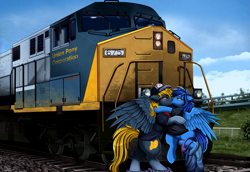 Size: 3309x2270 | Tagged: safe, artist:pridark, oc, oc only, oc:amber steel, oc:osteen, pegasus, pony, digital art, duo, female, imminent sex, kissing, locomotive, male, mare, pegasus oc, stallion, train, undressing