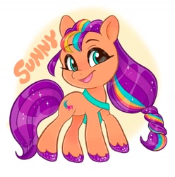 Size: 1264x1273 | Tagged: safe, artist:pep6, sunny starscout, earth pony, pony, g5, braid, braided ponytail, chibi, cute, female, happy, mane stripe sunny, mare, open mouth, open smile, ponytail, smiling, solo, sunnybetes