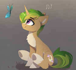 Size: 2614x2391 | Tagged: safe, artist:magnaluna, oc, oc only, oc:serik, butterfly, pony, unicorn, chest fluff, eyebrows, eyebrows visible through hair, gradient background, high res, horn, looking at something, music notes, profile, sitting, smiling, solo, tail, underhoof, unicorn oc