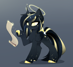 Size: 3333x3034 | Tagged: safe, artist:magnaluna, oc, oc only, oc:astral umbra, alicorn, pony, alicorn oc, colored wings, colored wingtips, constellation, curved horn, eye clipping through hair, eyebrows, eyebrows visible through hair, female, folded wings, glowing, glowing horn, gradient background, halo, high res, horn, levitation, magic, mare, multicolored wings, paper, raised hoof, scroll, solo, tail, telekinesis, wings