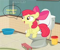 Size: 1596x1340 | Tagged: safe, artist:memeartboi, apple bloom, earth pony, pony, g4, adorabloom, bathroom, bucket, but why, female, filly, foal, hollering, imminent flush, implied applejack, implied pooping, potty, potty time, potty training, sitting, sitting on toilet, solo, toilet, toilet humor, trash can, vector, vector used