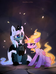 Size: 2331x3066 | Tagged: safe, artist:magnaluna, princess luna, twilight sparkle, alicorn, pony, g4, alternate design, chest fluff, colored wings, colored wingtips, crown, curved horn, duo, duo female, ear fluff, eye clipping through hair, eyebrows, eyebrows visible through hair, female, folded wings, food, high res, horn, jewelry, mane of fire, mare, marshmallow, mouth hold, multicolored wings, mundane utility, pale belly, partially open wings, regalia, sitting, smiling, tail, tail of fire, twilight sparkle (alicorn), wings