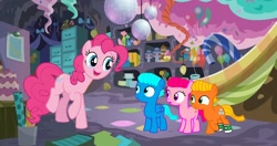 Size: 2716x1436 | Tagged: safe, artist:memeartboi, pinkie pie, surprise, earth pony, pegasus, pony, g4, anais watterson, brother and sister, brothers, cake, cave, clothes, collaboration, colt, crossover, cute, daisy the donkey, darwin watterson, disco ball, doll, element of laughter, family, female, file cabinet, filly, foal, food, group, gumball watterson, happy, hat, male, meeting, party, party cave, party hat, party pony, ponified, screencap background, siblings, socks, surprised, the amazing world of gumball, toy, trio