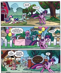 Size: 3884x4604 | Tagged: safe, artist:brenda hickey, idw, official comic, bon bon, hard pill, lyra heartstrings, sweetie drops, twilight sparkle, alicorn, earth pony, pony, unicorn, g4, spoiler:comic, spoiler:comic63, antacid, apple, apple tree, birthday party, crying, fence, food, horn, lasagna, party, pasta, ponyville, running, sweet apple acres, tree, twilight sparkle (alicorn), twilight sparkle is not amused, unamused, unnamed character, unnamed pony