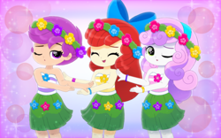Size: 1920x1200 | Tagged: safe, artist:jessesharla1999, apple bloom, scootaloo, sweetie belle, human, equestria girls, g4, clothes, cutie mark crusaders, female, floral head wreath, flower, grass skirt, hula, hula dance, one eye closed, skirt, trio, trio female, wink