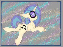 Size: 2700x2000 | Tagged: safe, alternate version, artist:psychotix, dj pon-3, dumbbell, vinyl scratch, unicorn, g4, aside glance, dock, featureless crotch, floppy ears, horn, looking at you, lying down, prone, raised tail, resting, solo, tail, unicorn horn, vinyl's glasses