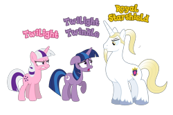 Size: 5091x3382 | Tagged: safe, anonymous artist, twilight, twilight twinkle, oc, oc:royal starshield, pony, unicorn, g1, g3, g4, absurd resolution, angry, beard, closed mouth, description is relevant, eyebrows, eyelashes, eyes open, facial hair, family, female, frown, furious, g1 to g4, generation leap, goatee, gritted teeth, horn, male, mare, mother and child, mother and daughter, name, open mouth, parent and child, parent and foal, ponytail, raised hoof, royalty, sad, scared, show accurate, signature, simple background, stallion, standing, story included, teeth, text, transparent background, trio, unicorn oc, unshorn fetlocks, vector, wall of tags