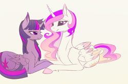 Size: 1600x1049 | Tagged: safe, artist:magnaluna, princess celestia, twilight sparkle, alicorn, pony, g4, colored wings, colored wingtips, duo, duo female, female, folded wings, horn, lesbian, looking at each other, looking at someone, lying down, mare, prone, ship:twilestia, shipping, smiling, smiling at each other, sternocleidomastoid, tail, twilight sparkle (alicorn), unshorn fetlocks, wings
