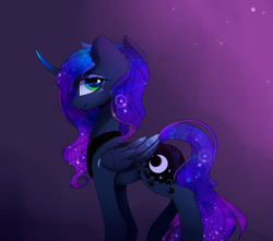 Size: 2454x2170 | Tagged: safe, artist:magnaluna, princess luna, alicorn, pony, g4, chest fluff, curved horn, cute, ethereal mane, ethereal tail, female, fluffy, folded wings, gradient background, high res, horn, looking at you, looking back, looking back at you, lunabetes, mare, peytral, profile, side view, smiling, smiling at you, solo, tail, wings