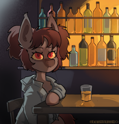 Size: 2867x2992 | Tagged: safe, artist:crashbrush, oc, oc only, bat pony, pony, :<, baby, baby pony, bottle, chest fluff, clothes, ear fluff, fringe, glass, gradient ears, gradient mane, high res, jacket, juice, looking at you, ponytails, red eyes, sitting, solo, tassels