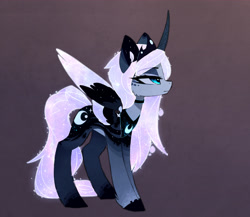 Size: 1705x1481 | Tagged: safe, artist:magnaluna, princess luna, alicorn, pony, zefiros codex, g4, abstract background, alternate design, alternate hairstyle, alternate universe, cheek fluff, colored wings, curved horn, ear fluff, eyebrows, eyebrows visible through hair, female, folded wings, gradient background, hoof fluff, horn, lidded eyes, mare, multicolored wings, profile, side view, solo, tail, white-haired luna, wings