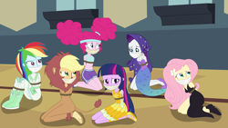 Size: 3000x1689 | Tagged: safe, artist:nie-martw-sie-o-mnie, part of a set, applejack, fluttershy, pinkie pie, rainbow dash, rarity, twilight sparkle, human, mermaid, equestria girls, g4, scare master, afro puffs, alternate hairstyle, animal costume, ankle boots, applelion, applesub, armor, astrodash, astronaut, athena sparkle, black dress, bondage, bound and gagged, butterfly hairpin, cloth gag, clothes, costume, dashsub, dress, female, femsub, fluttersub, gag, group, halloween, halloween costume, kneeling, looking up, mermarity, nightmare night costume, pinkie puffs, pinkiesub, rarisub, roller skates, rope, rope bondage, shorts, skates, submissive, twisub