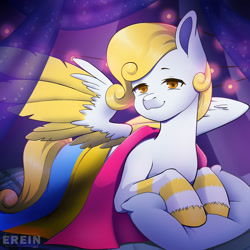 Size: 2000x2000 | Tagged: safe, alternate character, alternate version, artist:erein, oc, oc only, oc:gold zephyr, pegasus, pony, bedroom, commission, ears up, flag, garland, high res, indoors, lgbt, looking at you, male, night, pansexual, pansexual pride flag, pegasus oc, pillow, pride, pride flag, pride month, room, smiling, smiling at you, solo, spread wings, string lights, tail, unshorn fetlocks, white fur, wings, ych result, yellow hair, yellow mane, yellow tail