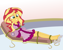 Size: 2500x2000 | Tagged: safe, artist:nie-martw-sie-o-mnie, part of a set, sunset shimmer, human, equestria girls, g4, bathrobe, bondage, clothes, feather, feet, female, femsub, foot tickling, robe, rope, rope bondage, solo, spa, submissive, tickling, tied down