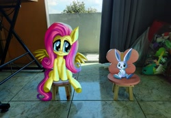 Size: 2983x2064 | Tagged: safe, artist:rafastary, angel bunny, fluttershy, pegasus, pony, rabbit, g4, animal, chair, duo, irl, photo, ponies in real life