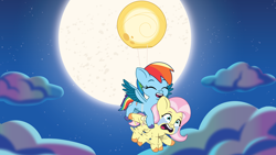 Size: 2400x1350 | Tagged: safe, artist:prixy05, fluttershy, rainbow dash, pegasus, pony, g4, g5, moon festival, my little pony: tell your tale, spoiler:g5, spoiler:my little pony: tell your tale, spoiler:tyts01e59, balloon, character swap, crying, cute, dashabetes, duo, duo female, female, filly, filly fluttershy, filly rainbow dash, foal, g4 to g5, generation leap, i can't believe it's not hasbro studios, moon, shyabetes, tears of fear, varying degrees of amusement, younger
