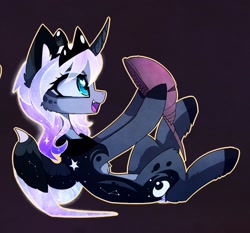 Size: 1628x1518 | Tagged: safe, alternate version, artist:magnaluna, princess luna, alicorn, horseshoe crab, pony, g4, cheek fluff, colored wings, crown, curved horn, cute, cute little fangs, ear fluff, eye clipping through hair, eyebrows, eyebrows visible through hair, fangs, female, happy, heart, heart eyes, horn, jewelry, looking at something, lunabetes, mare, multicolored wings, open mouth, open smile, partially open wings, peytral, regalia, simple background, smiling, solo, wingding eyes, wings