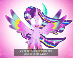 Size: 800x632 | Tagged: safe, artist:crisostomo-ibarra, starlight glimmer, alicorn, pony, g4, alicornified, colored wings, colorful, colorful wings, cutie mark background, female, flowing hair, flowing mane, flowing tail, frozen (movie), glowing, glowing eyes, large wings, let it go, lyrics, magic, mare, multicolored wings, race swap, rainbow power, rainbow power-ified, redeemed, reference, reference used, reformed, reforming, singing, solo, spread wings, starlicorn, starlight glimmer's cutie mark, tail, text, transformed, white eyes, wings, xk-class end-of-the-world scenario