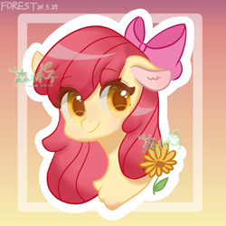 Size: 3000x3000 | Tagged: safe, artist:森林子forest, apple bloom, earth pony, pony, g4, bow, bust, chest fluff, colored pinnae, female, filly, floppy ears, flower, foal, gradient background, hair bow, looking at you, outline, portrait, smiling, smiling at you, solo, white outline