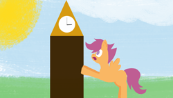 Size: 3840x2160 | Tagged: safe, artist:wissle, scootaloo, pegasus, pony, g4, atg 2024, bipedal, bipedal leaning, clock tower, cloud, female, filly, foal, grass, high res, leaning, newbie artist training grounds, no cutie marks yet, open mouth, pushing, solo, spread wings, sun, wings