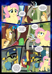 Size: 3259x4607 | Tagged: safe, artist:estories, discord, fluttershy, oc, oc:alice goldenfeather, draconequus, earth pony, pegasus, pony, comic:nevermore, g4, alternate hairstyle, comic, mind control, police, police officer, police pony, speech bubble, sunglasses