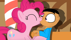 Size: 1280x720 | Tagged: safe, artist:cooperthedoodlian, pinkie pie, oc, oc:william, earth pony, human, pony, g4, canon x oc, duo, duo male and female, female, kiss on the lips, kissing, male, mare, shipping, straight, sugarcube corner, surprise kiss, surprised